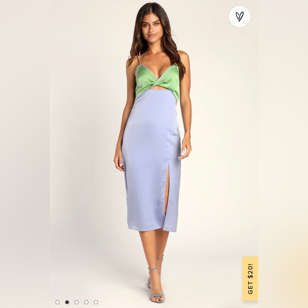 Lulu’s Perfect Pairing Light Blue Colorblock Satin Cutout Midi Dress